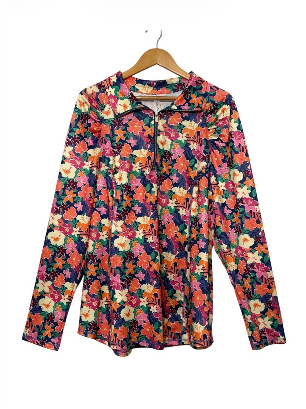 Dear Scarlett Marina 1/4 Zip Lightweight Tropical Floral Top Active Gold Zip 2X